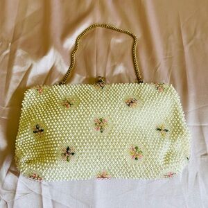 Vintage 50s Lumured White Beaded Pink Floral Small Purse Handbag. A Beauty